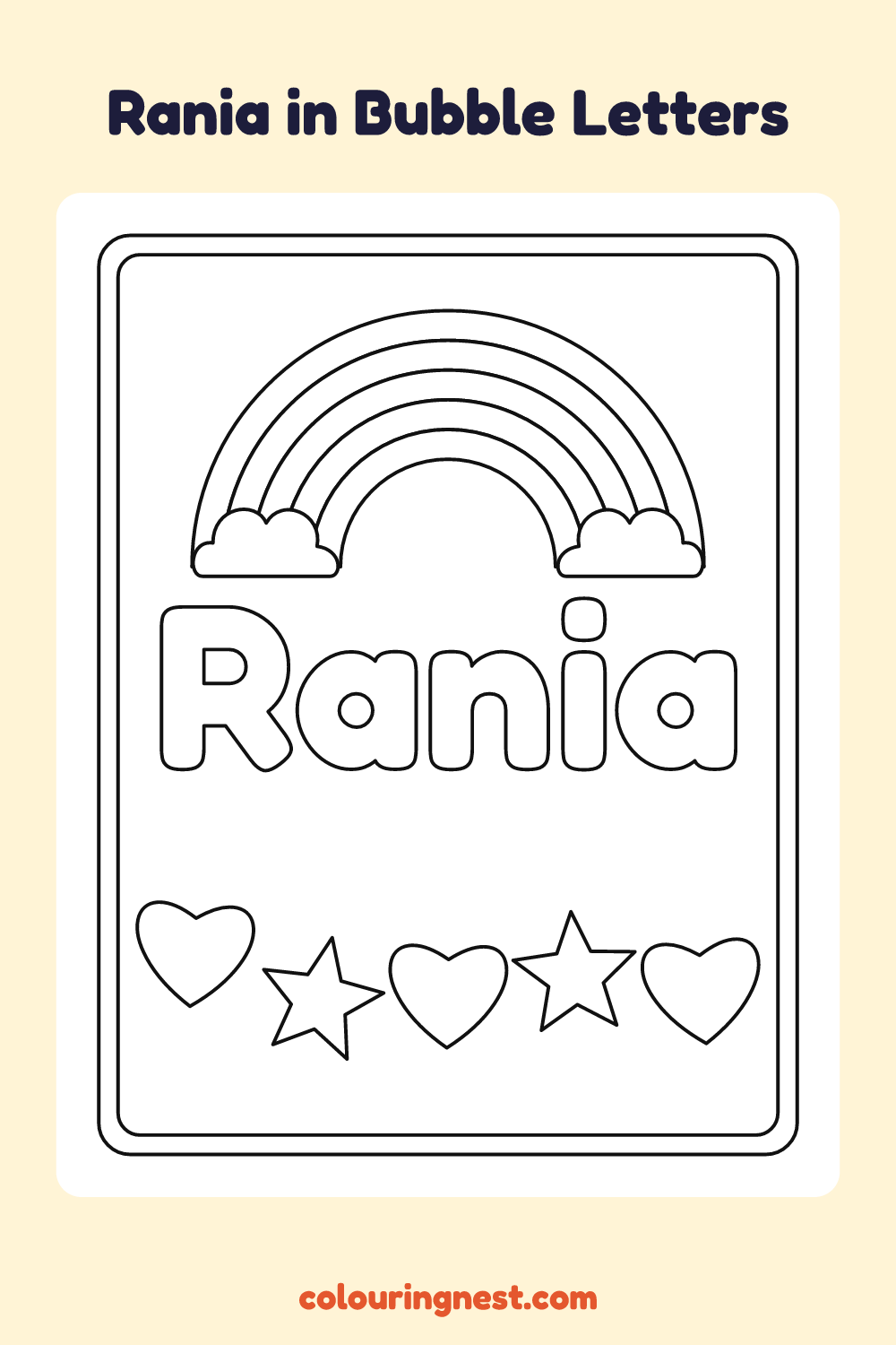 Rania in Bubble Letters coloring page: free printable black-and-white line art