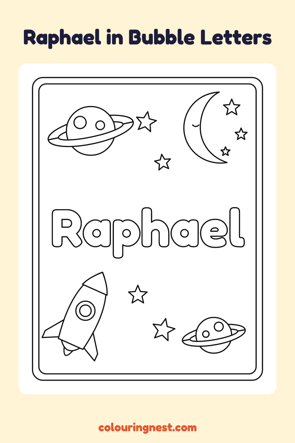 Raphael in Bubble Letters coloring page: free printable black-and-white line art