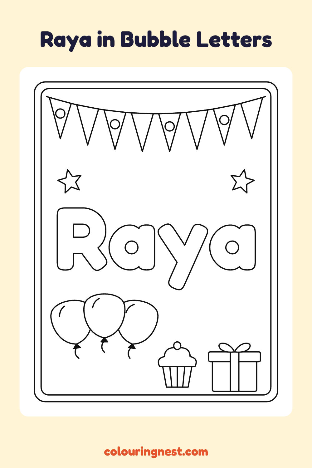 Raya in Bubble Letters coloring page: free printable black-and-white line art
