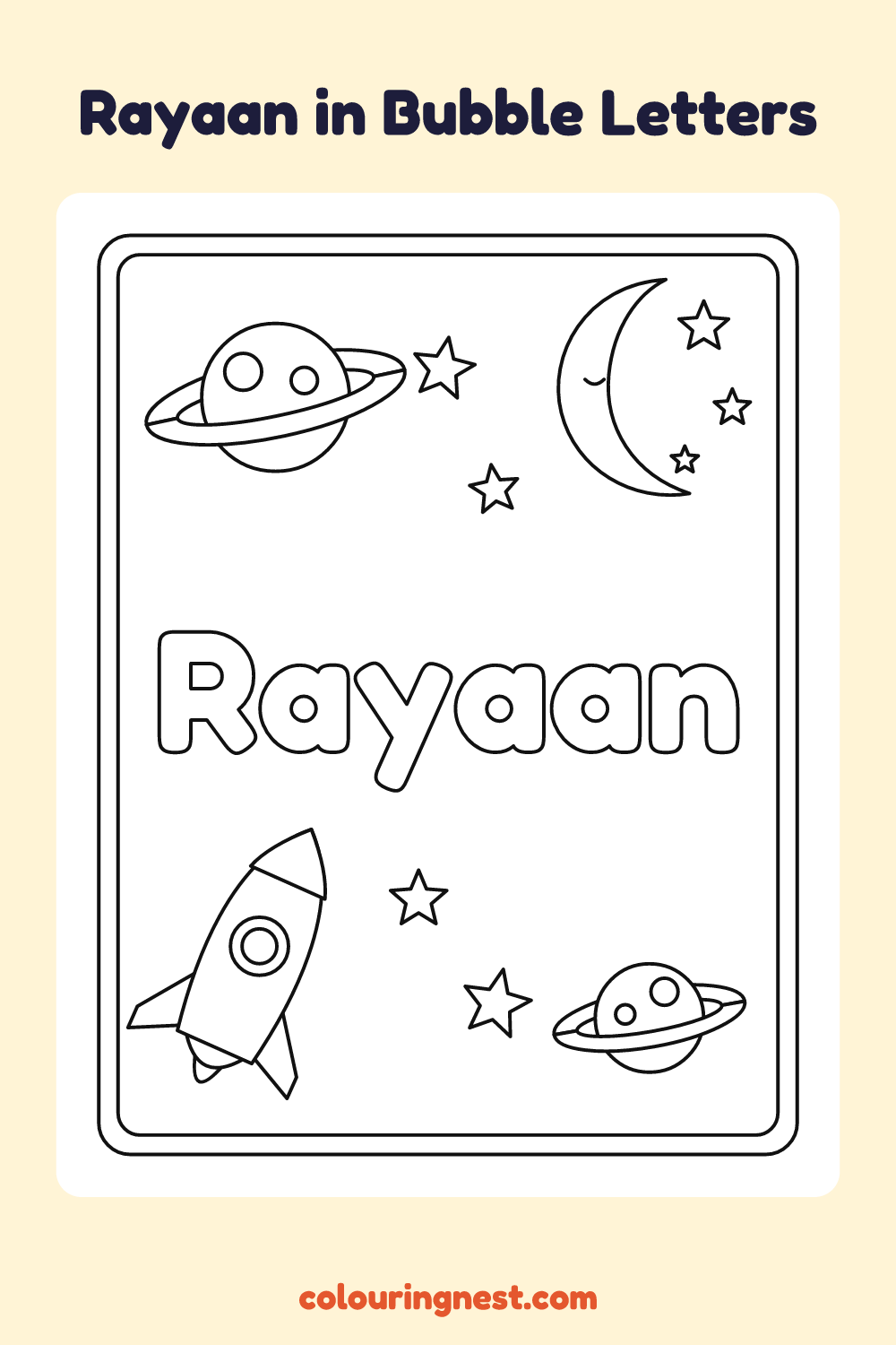 Rayaan in Bubble Letters coloring page: free printable black-and-white line art