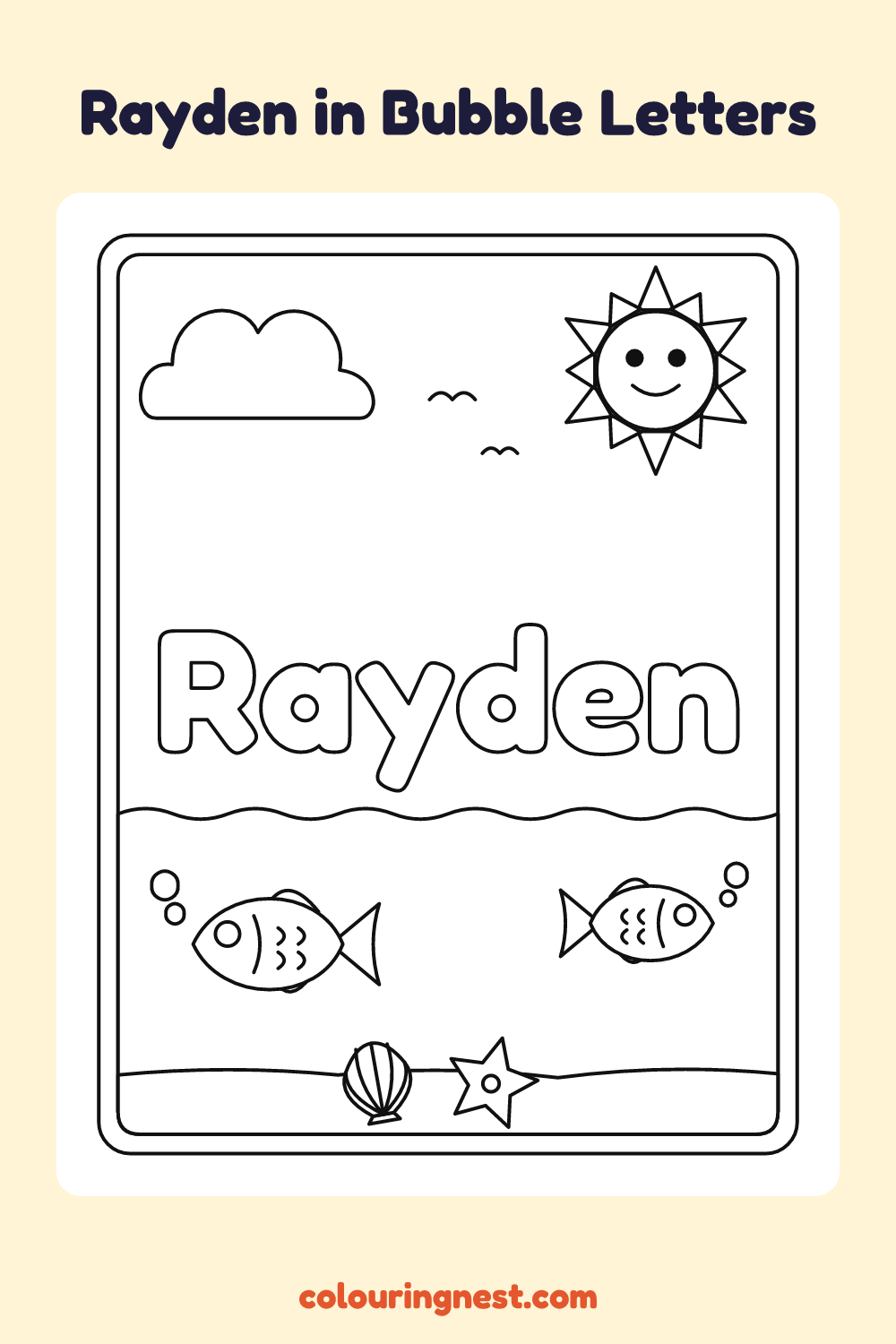 Rayden in Bubble Letters coloring page: free printable black-and-white line art