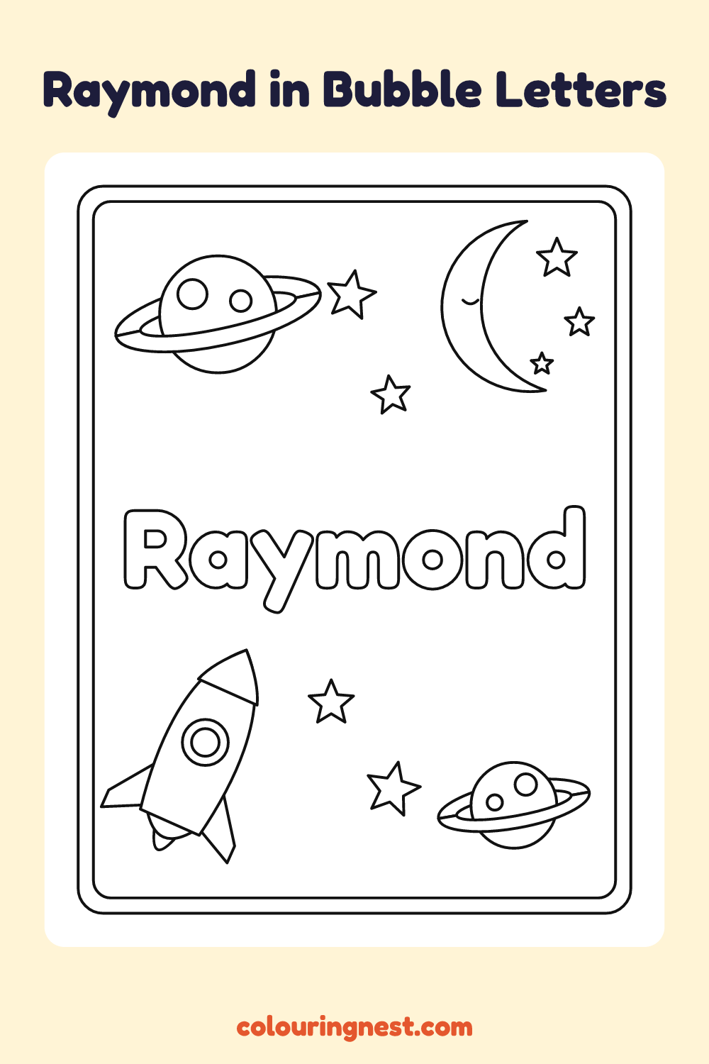 Raymond in Bubble Letters coloring page: free printable black-and-white line art