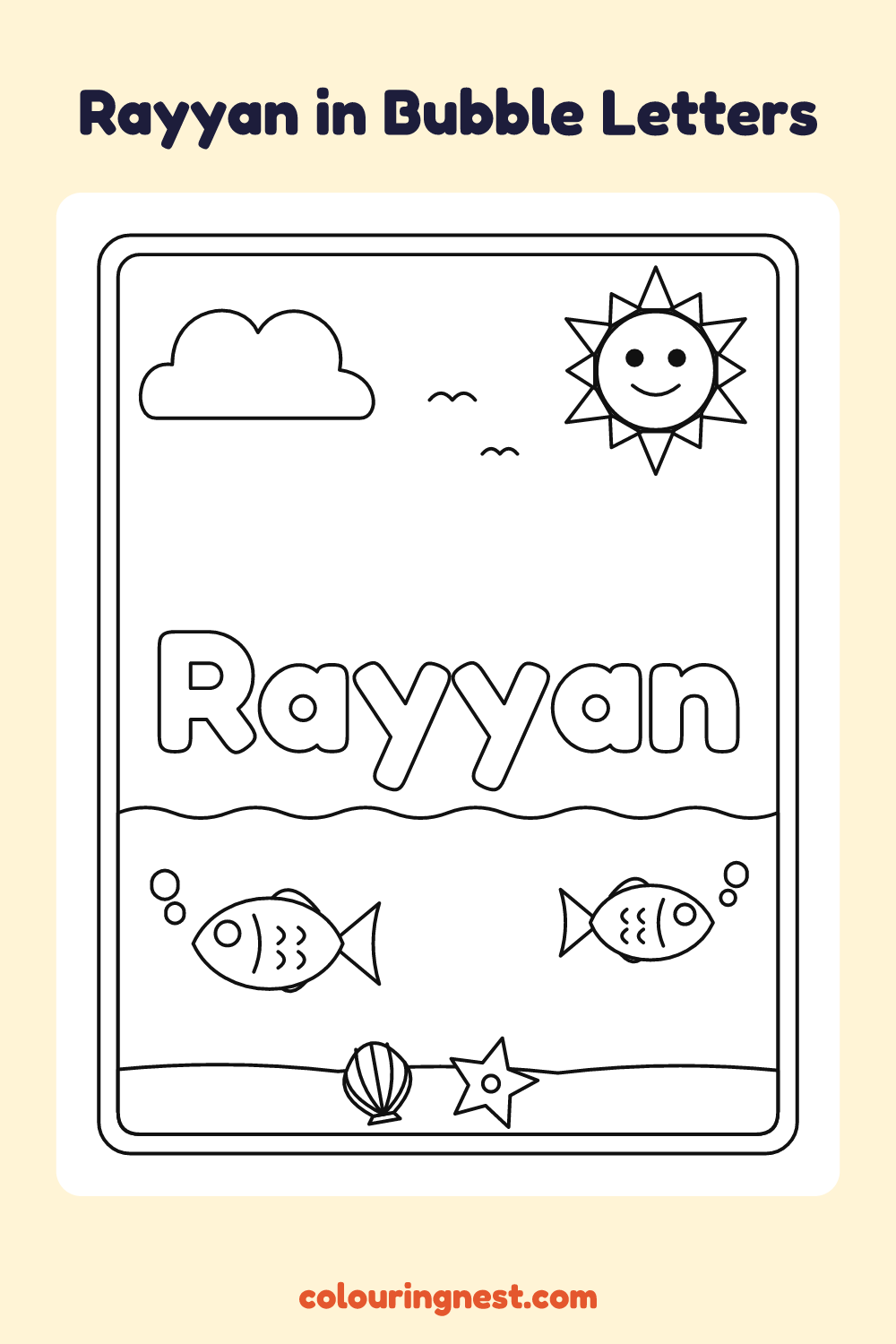 Rayyan in Bubble Letters coloring page: free printable black-and-white line art