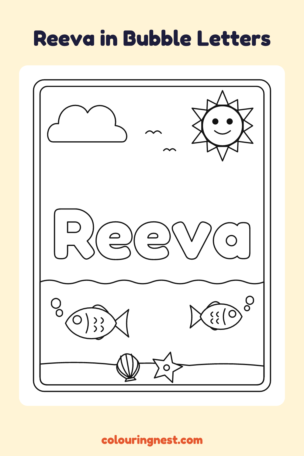 Reeva in Bubble Letters coloring page: free printable black-and-white line art