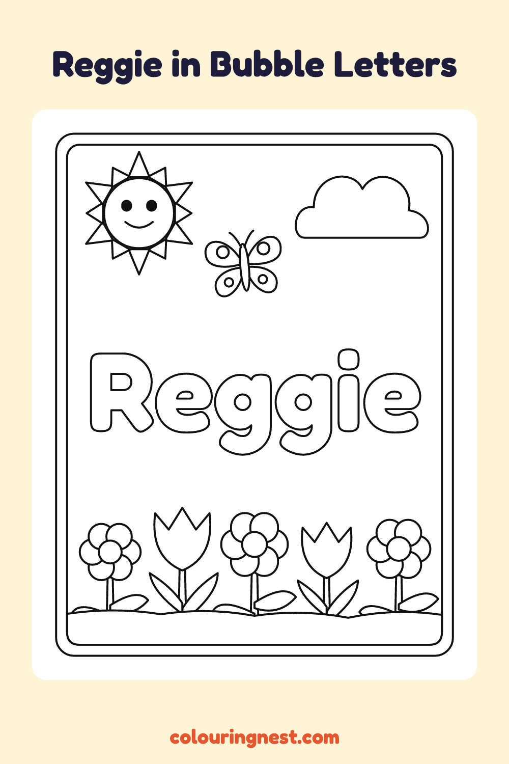 Reggie in Bubble Letters coloring page: free printable black-and-white line art