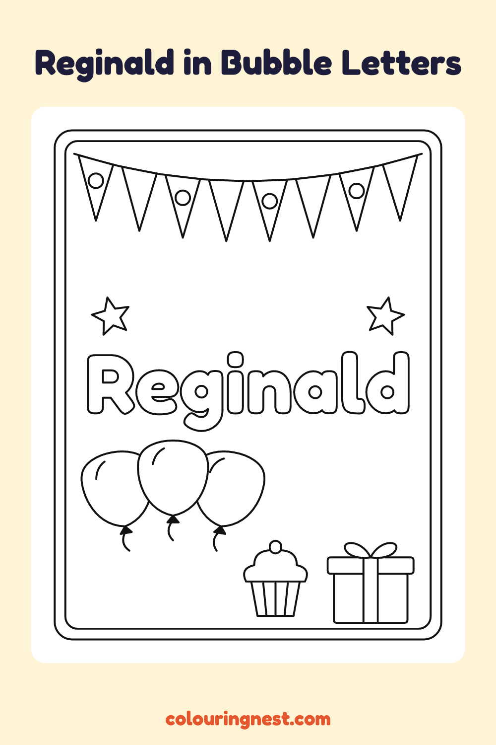 Reginald in Bubble Letters coloring page: free printable black-and-white line art