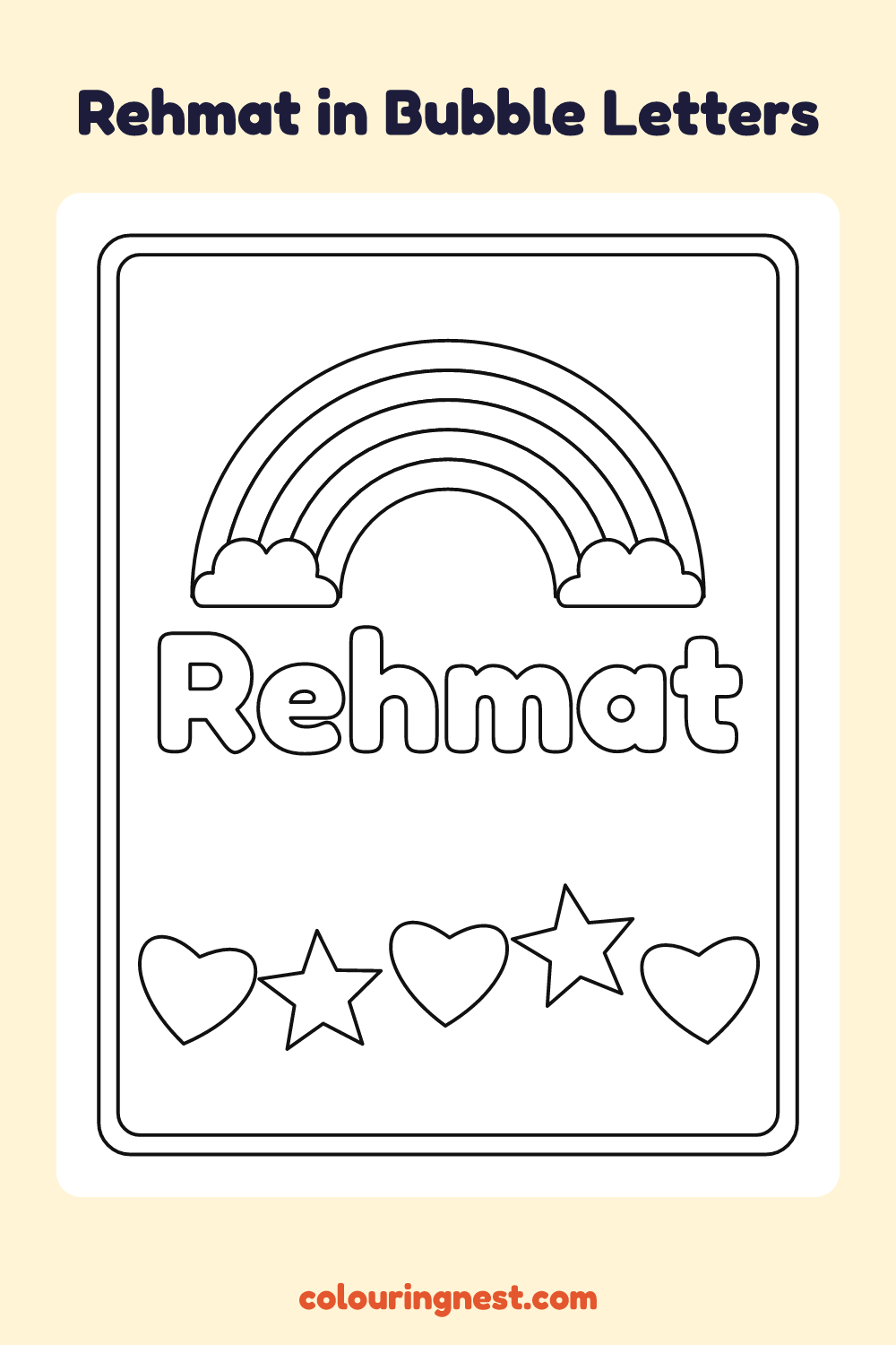 Rehmat in Bubble Letters coloring page: free printable black-and-white line art