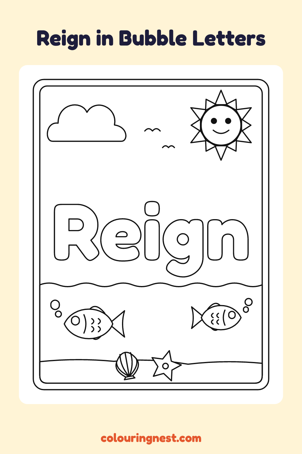 Reign in Bubble Letters coloring page: free printable black-and-white line art