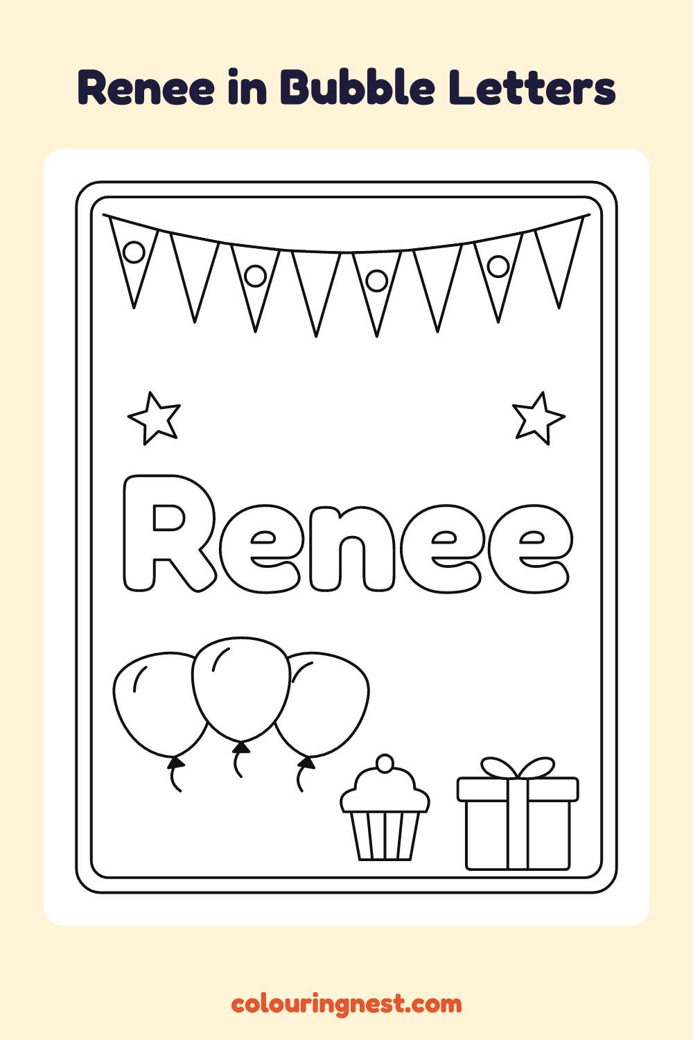 Renee in Bubble Letters coloring page: free printable black-and-white line art