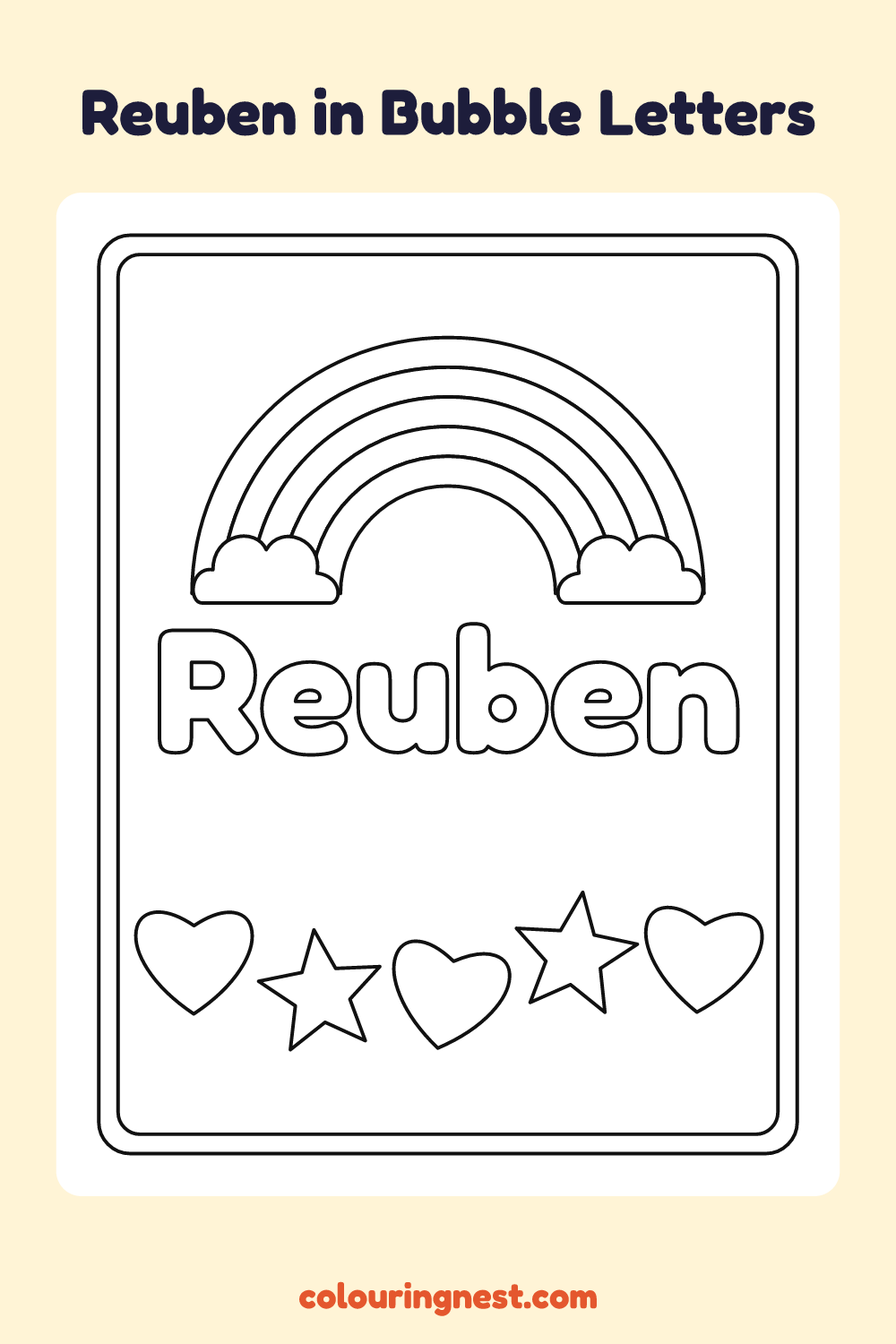 Reuben in Bubble Letters coloring page: free printable black-and-white line art