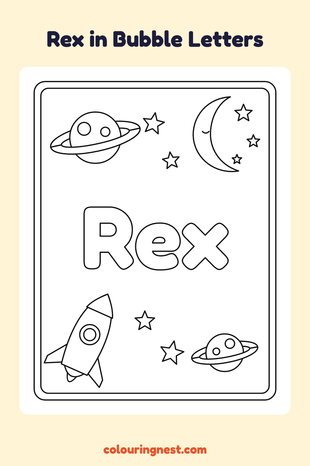 Rex in Bubble Letters coloring page: free printable black-and-white line art