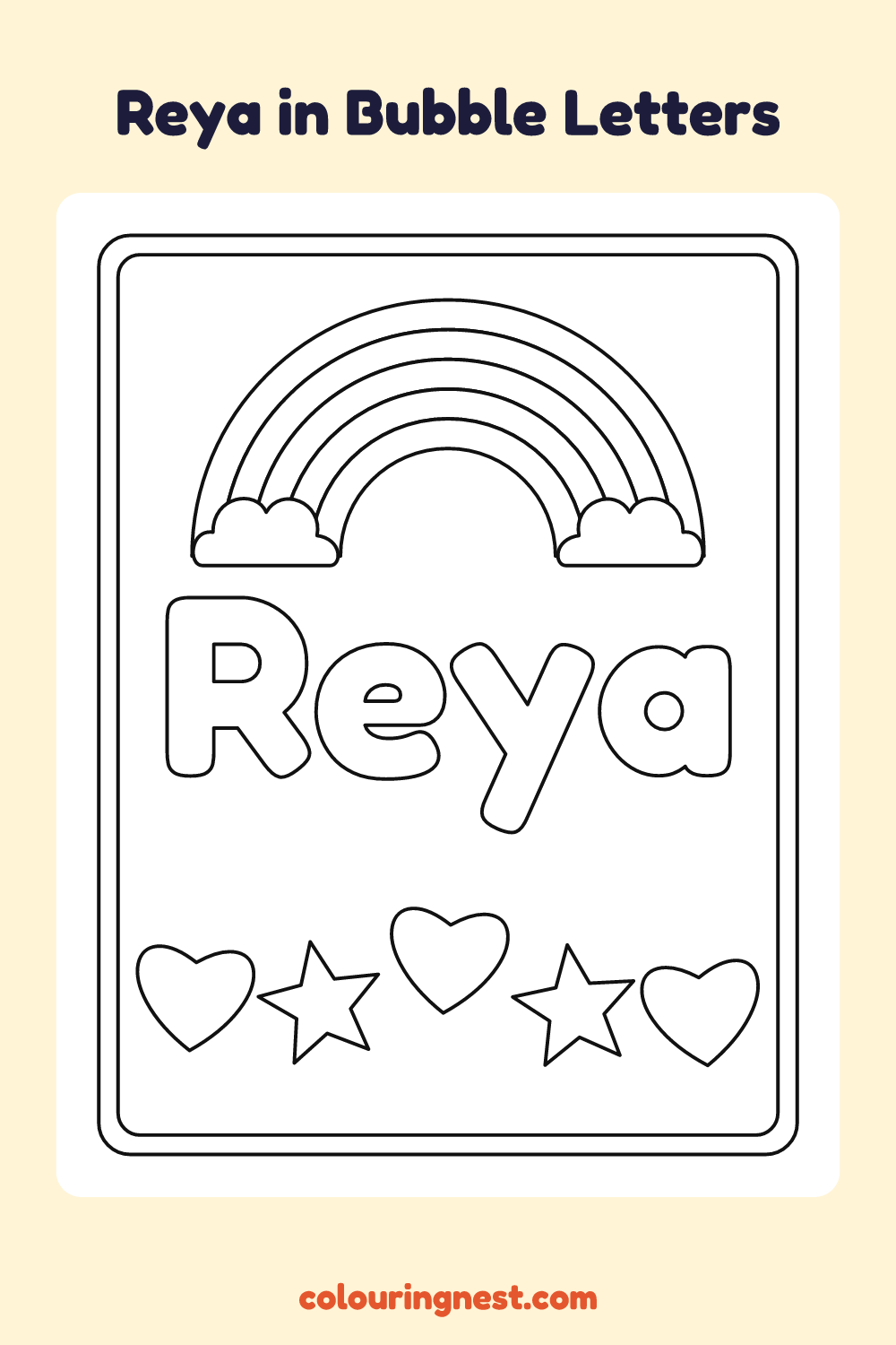Reya in Bubble Letters coloring page: free printable black-and-white line art