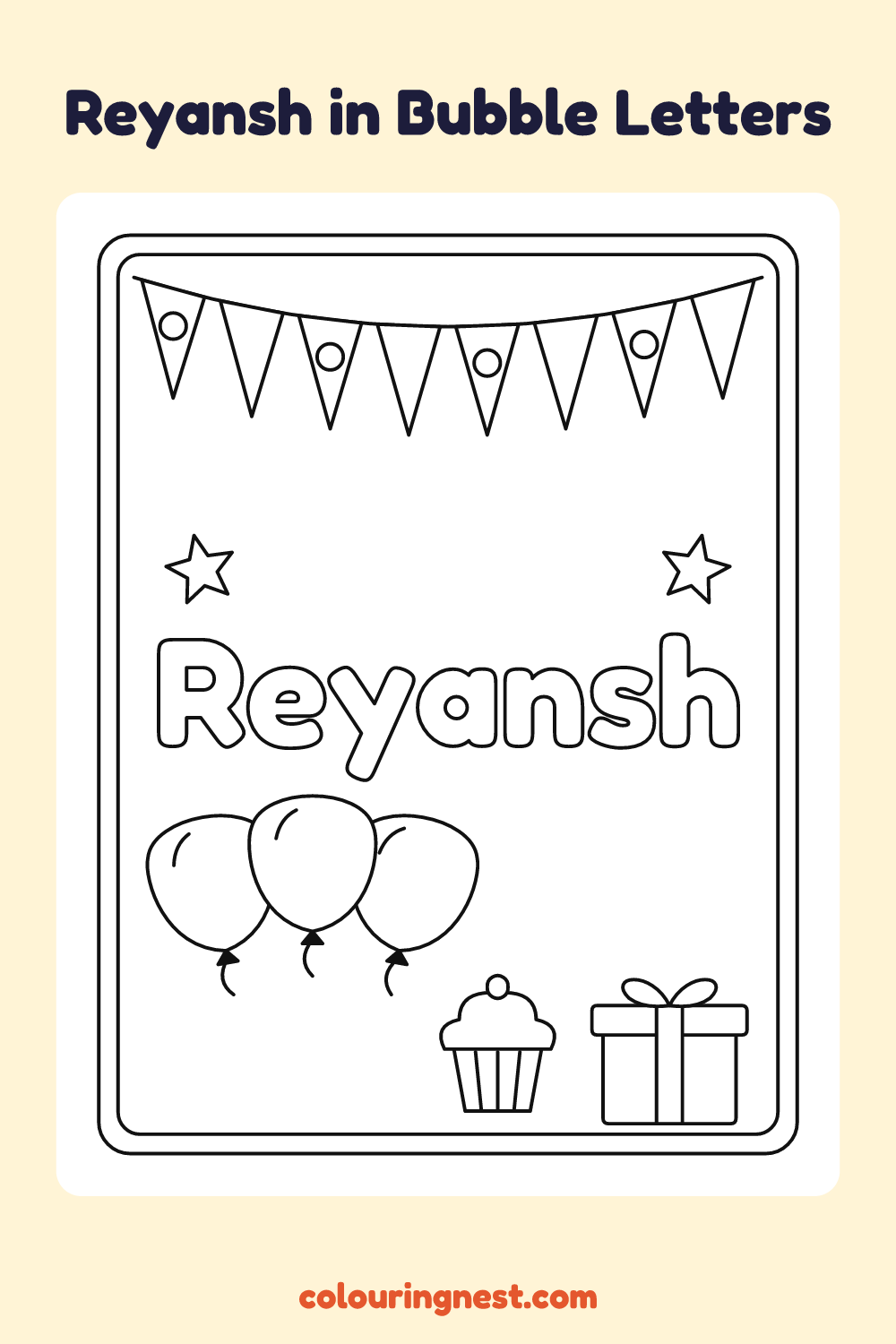 Reyansh in Bubble Letters coloring page: free printable black-and-white line art