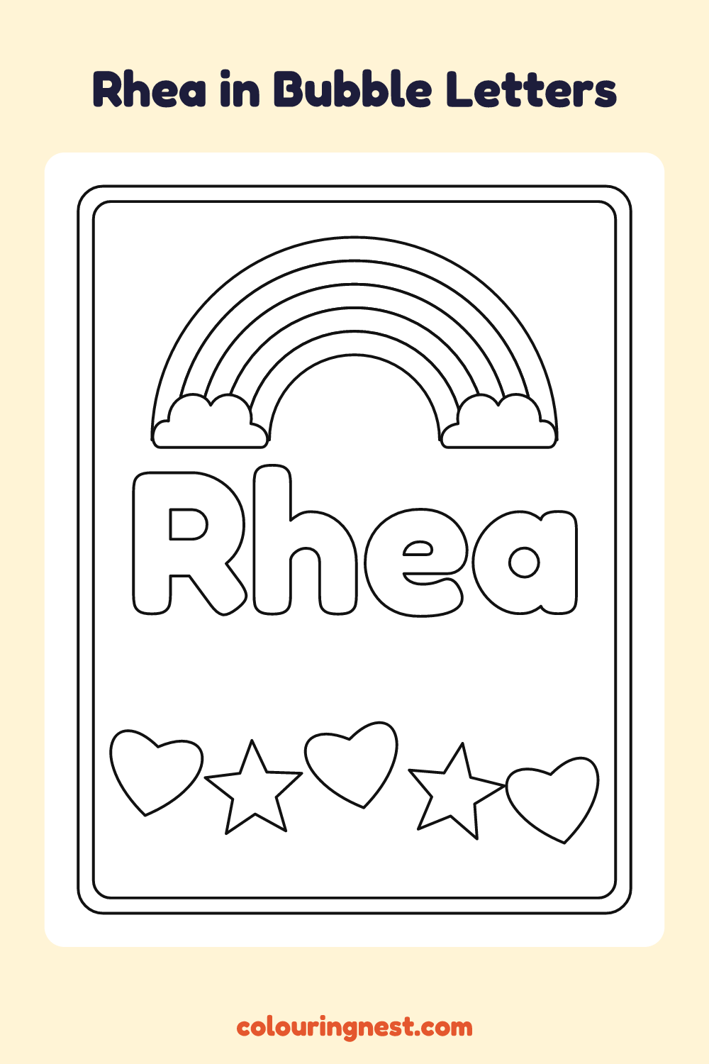 Rhea in Bubble Letters coloring page: free printable black-and-white line art