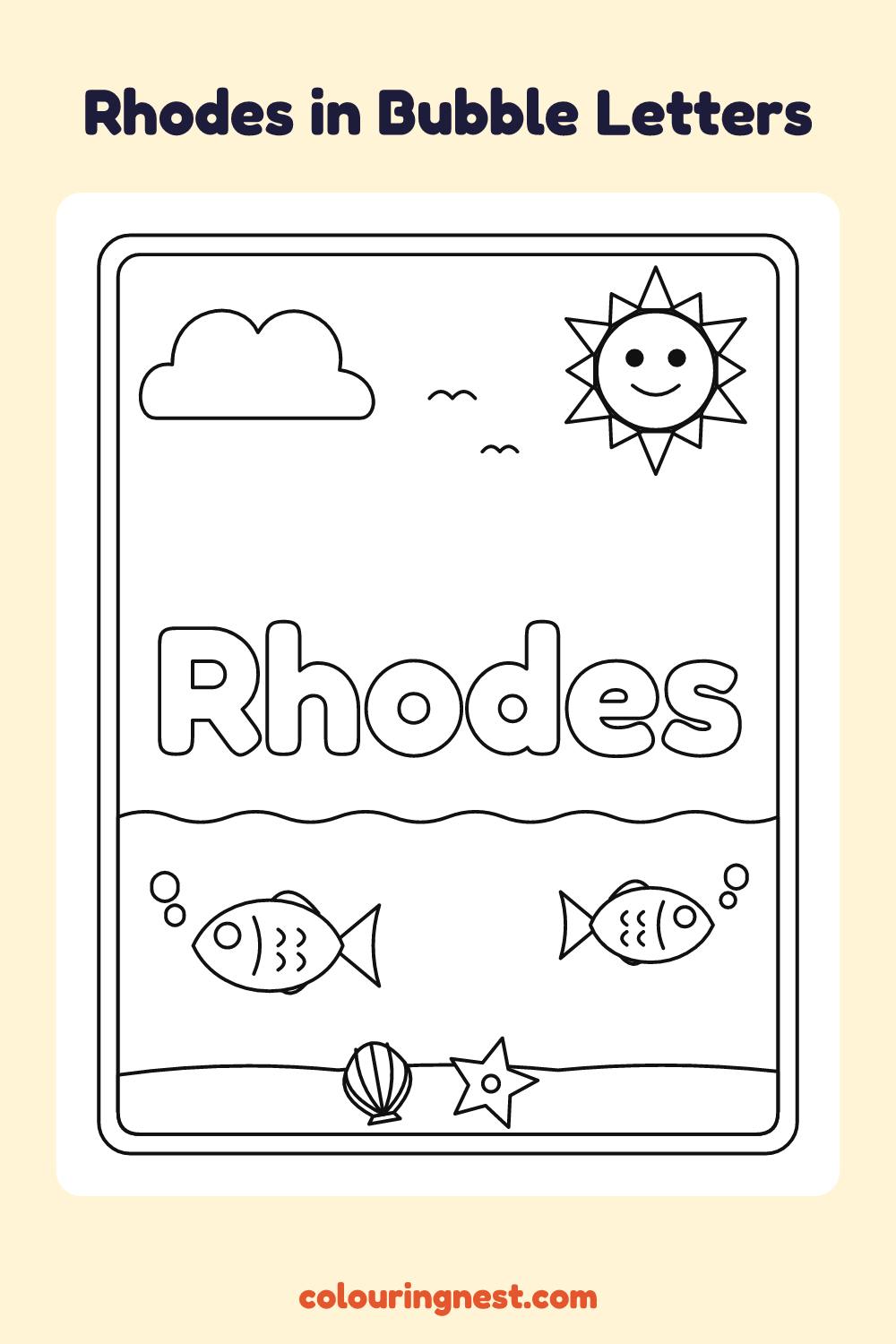 Rhodes in Bubble Letters coloring page: free printable black-and-white line art