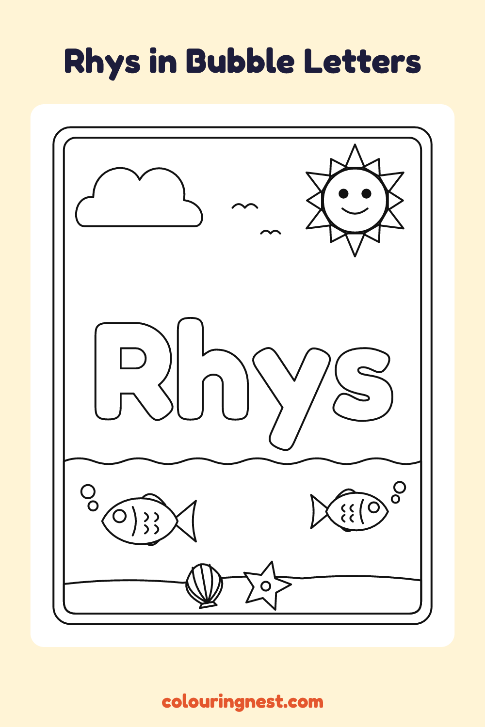Rhys in Bubble Letters coloring page: free printable black-and-white line art