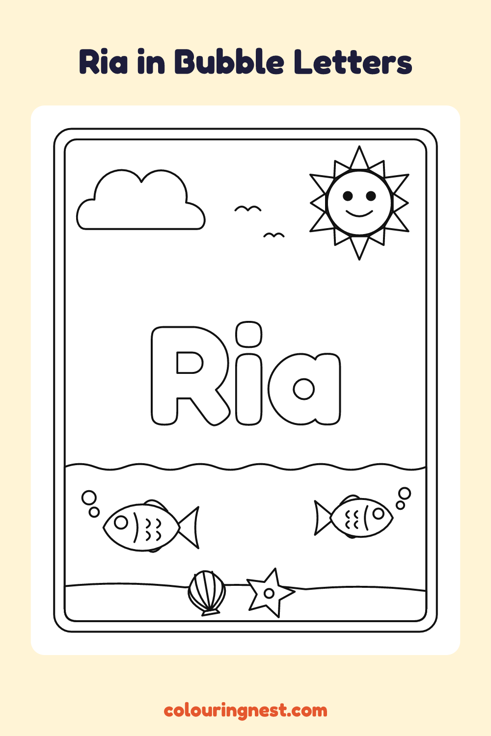Ria in Bubble Letters coloring page: free printable black-and-white line art