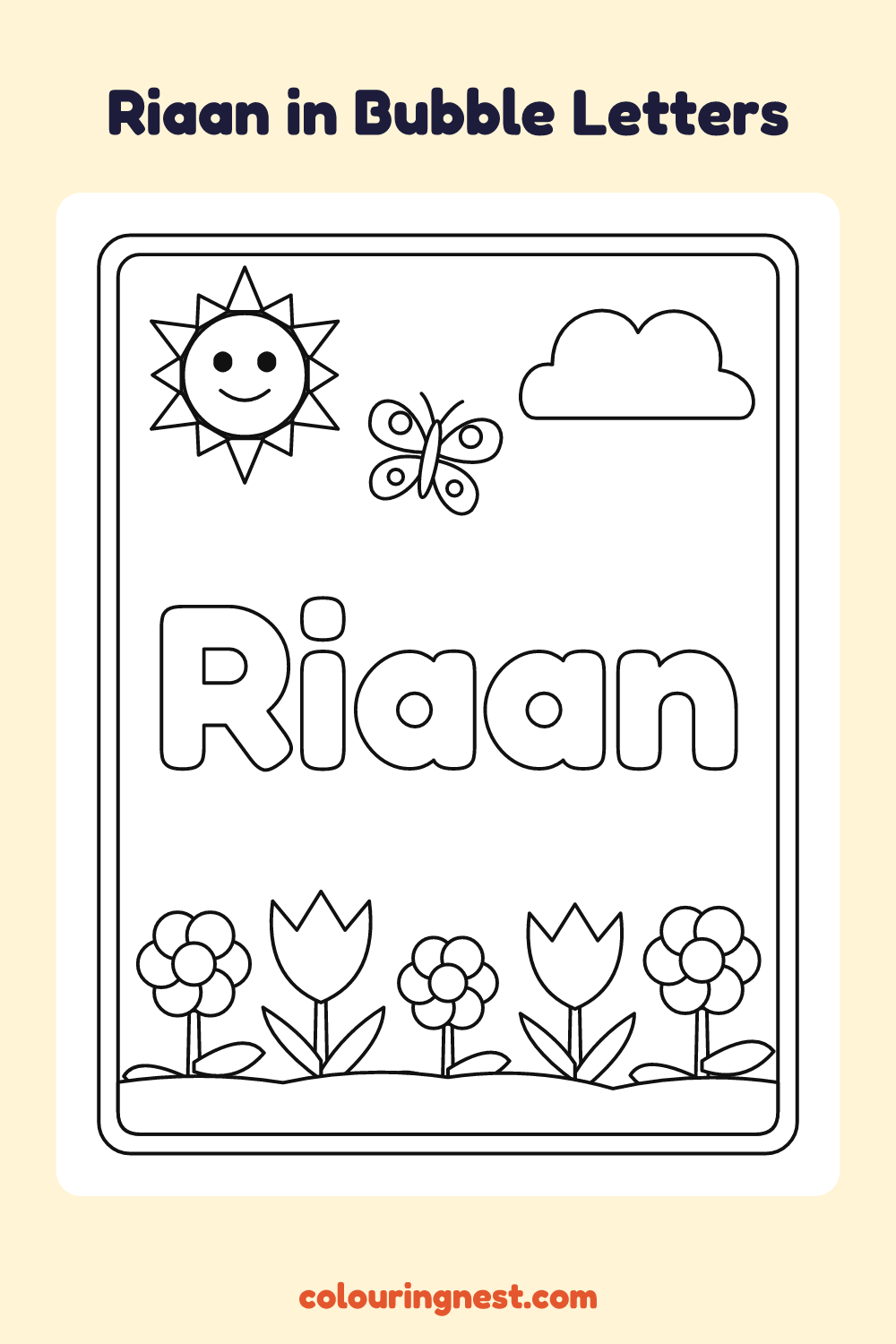 Riaan in Bubble Letters coloring page: free printable black-and-white line art
