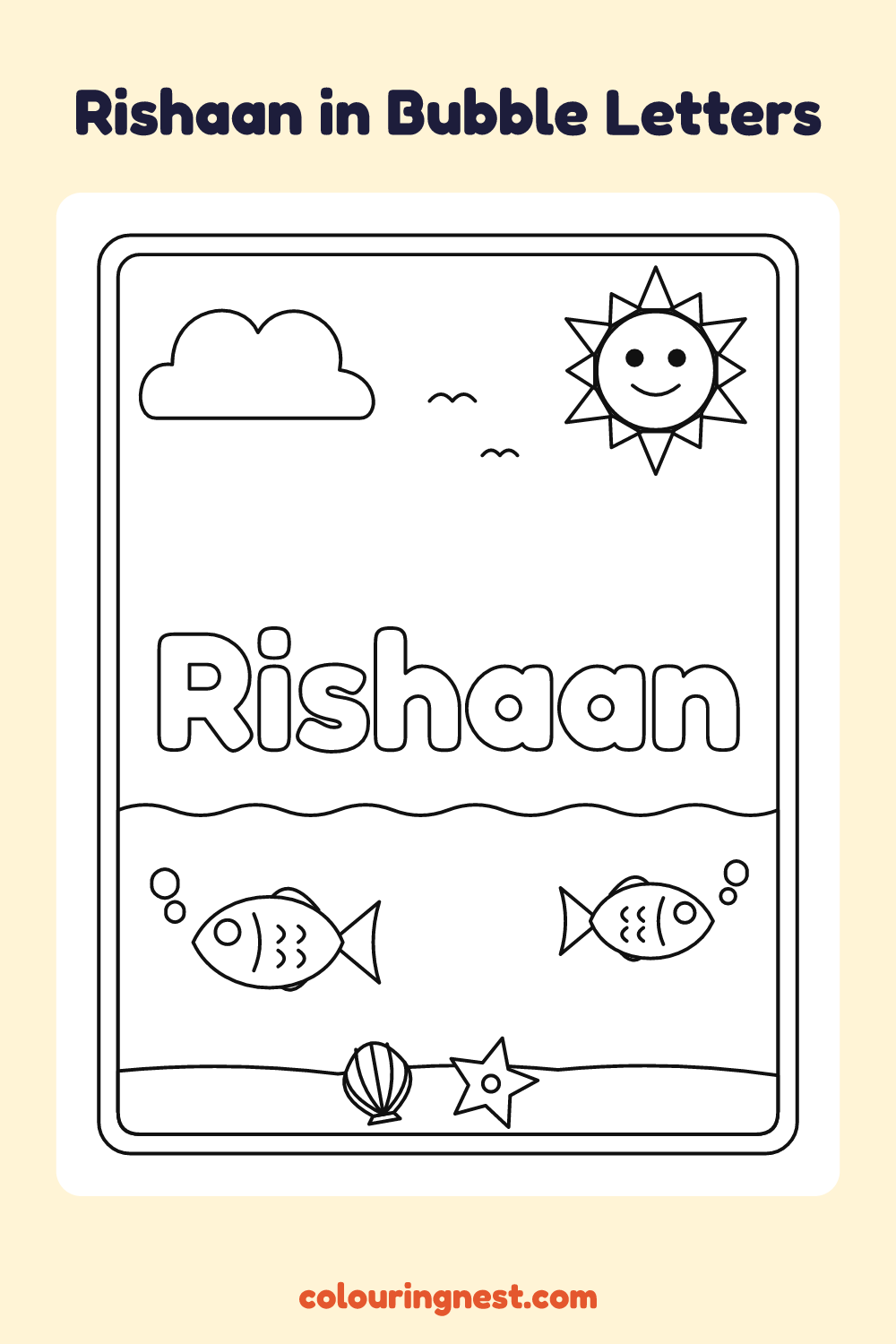 Rishaan in Bubble Letters coloring page: free printable black-and-white line art