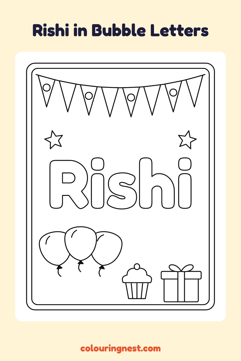 Rishi in Bubble Letters coloring page: free printable black-and-white line art