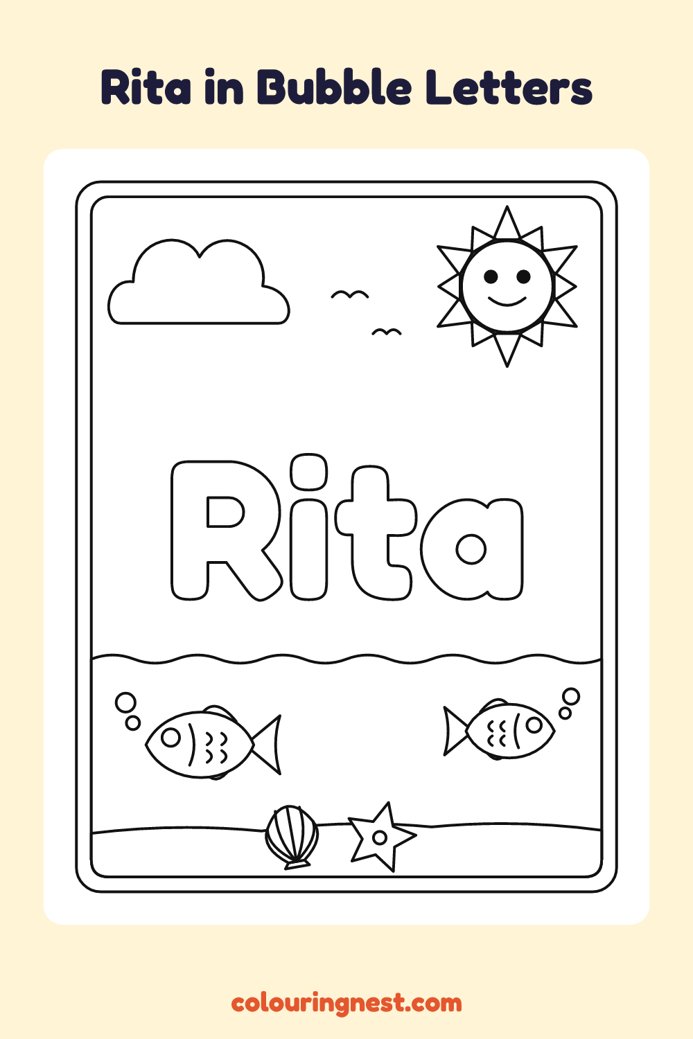 Rita in Bubble Letters coloring page: free printable black-and-white line art