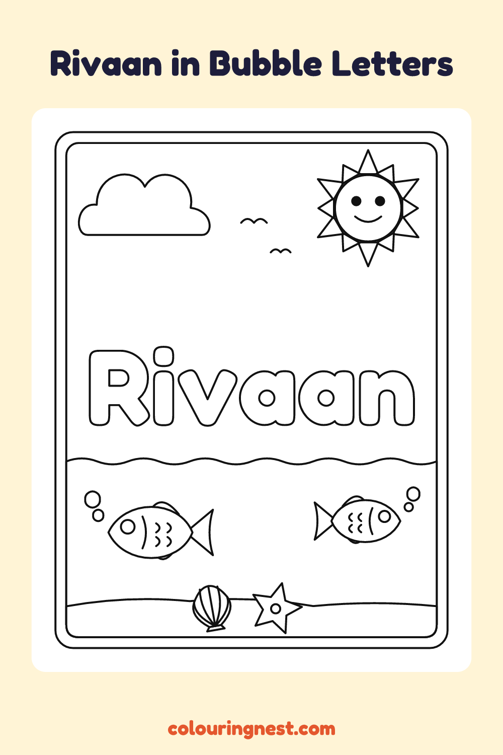 Rivaan in Bubble Letters coloring page: free printable black-and-white line art