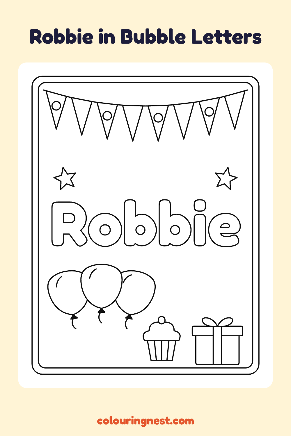Robbie in Bubble Letters coloring page: free printable black-and-white line art