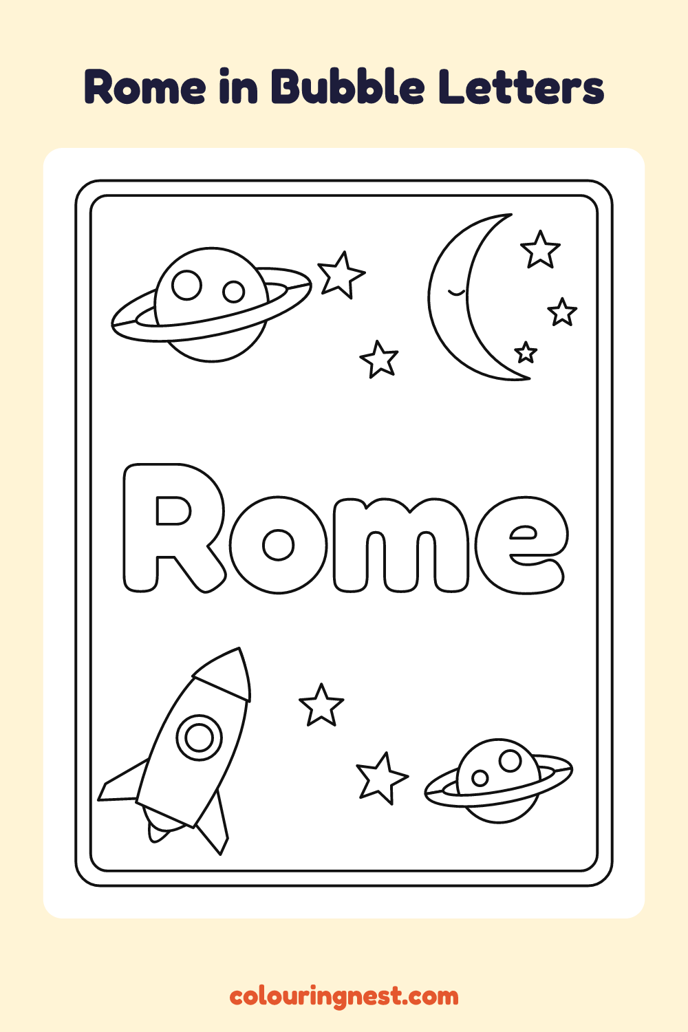 Rome in Bubble Letters coloring page: free printable black-and-white line art