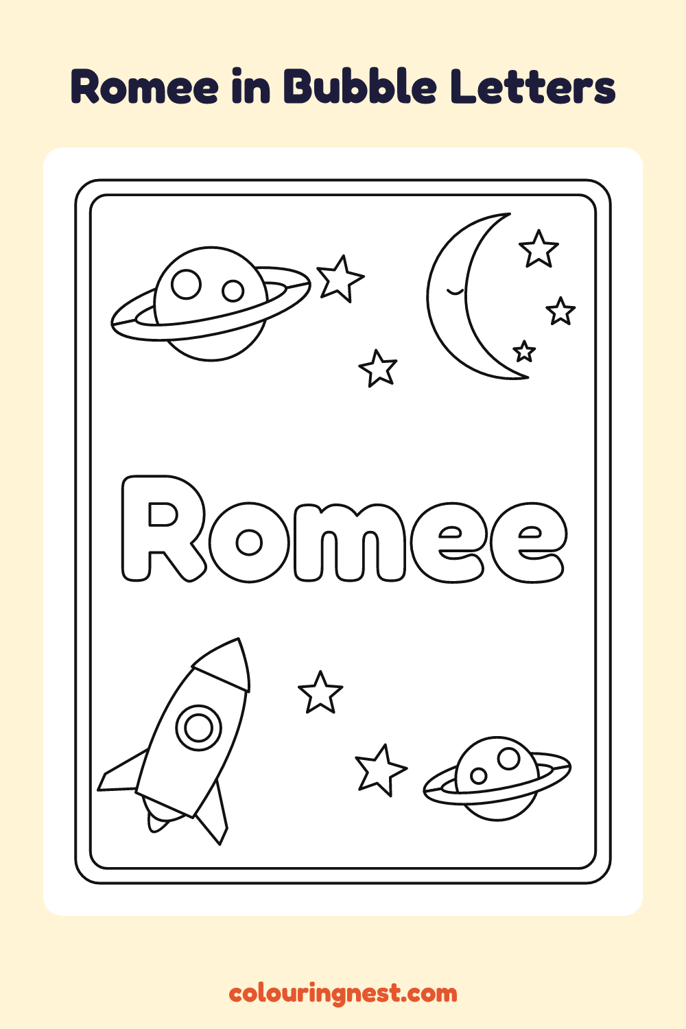 Romee in Bubble Letters coloring page: free printable black-and-white line art