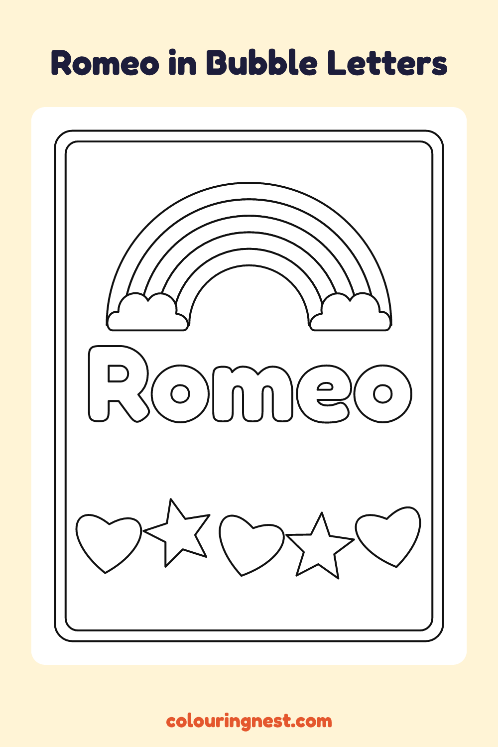 Romeo in Bubble Letters coloring page: free printable black-and-white line art
