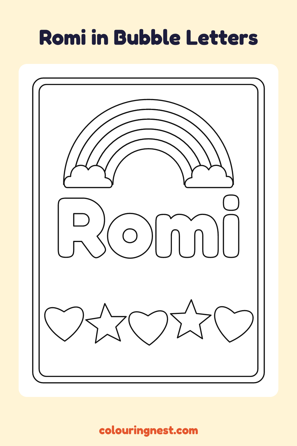 Romi in Bubble Letters coloring page: free printable black-and-white line art