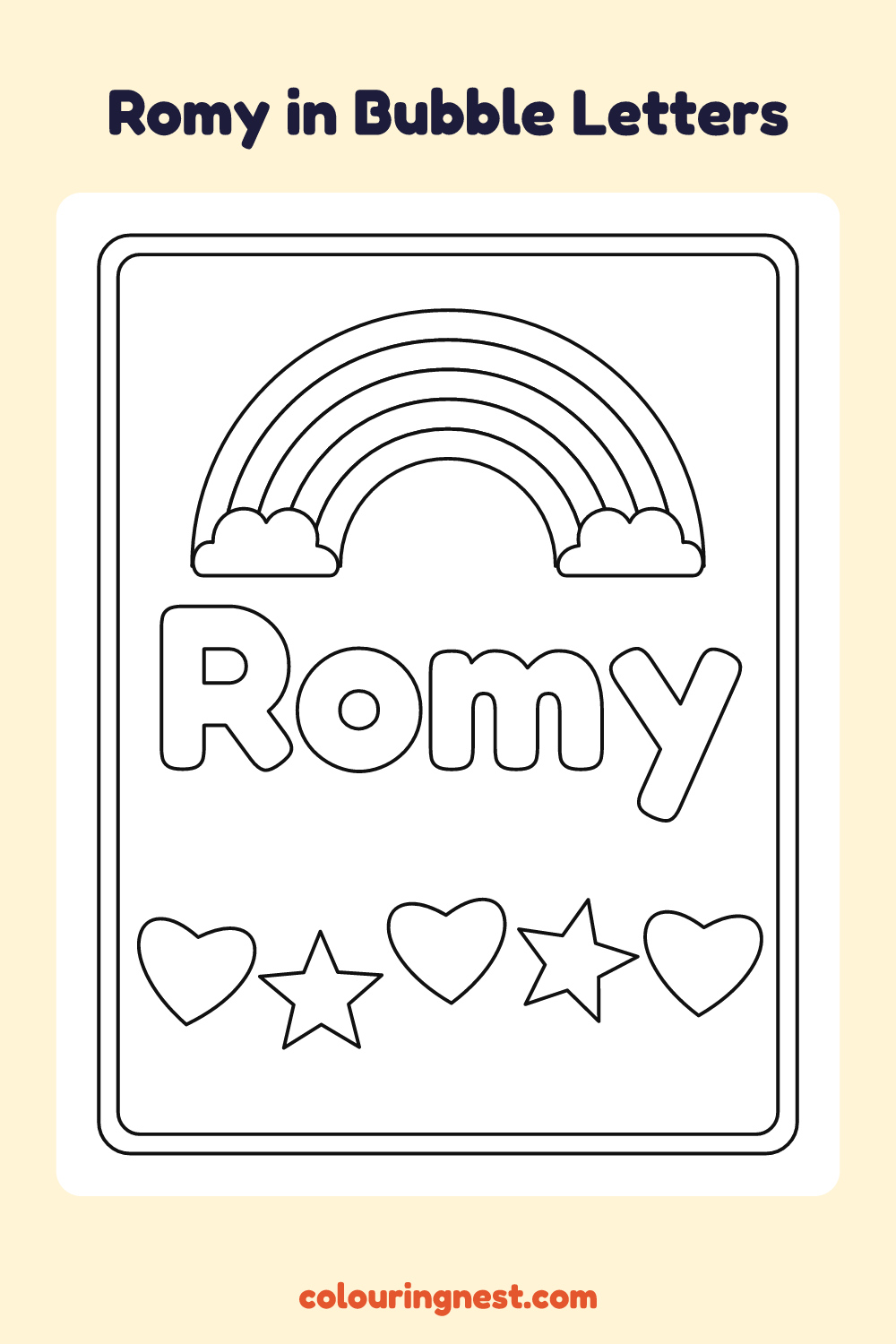 Romy in Bubble Letters coloring page: free printable black-and-white line art