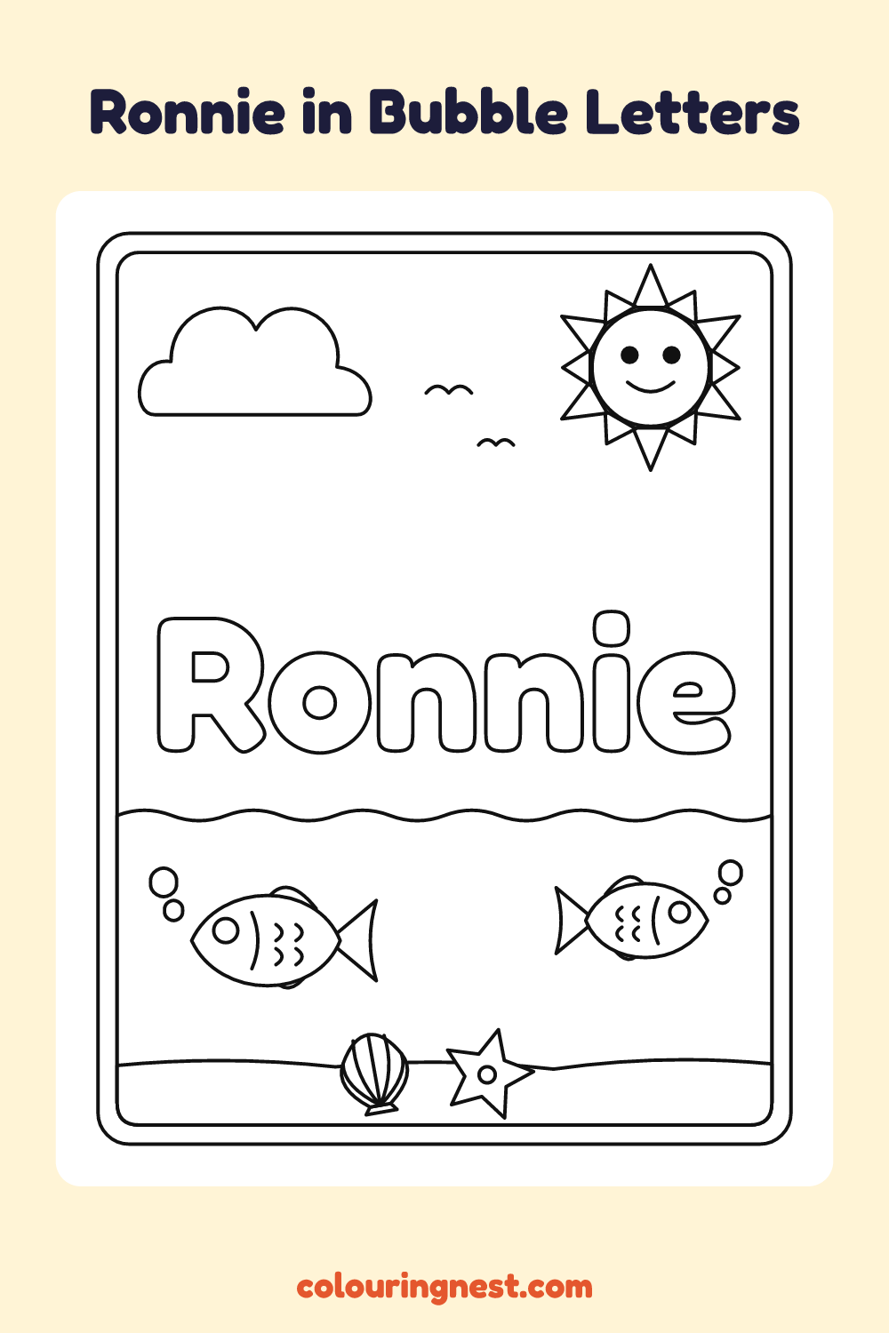 Ronnie in Bubble Letters coloring page: free printable black-and-white line art