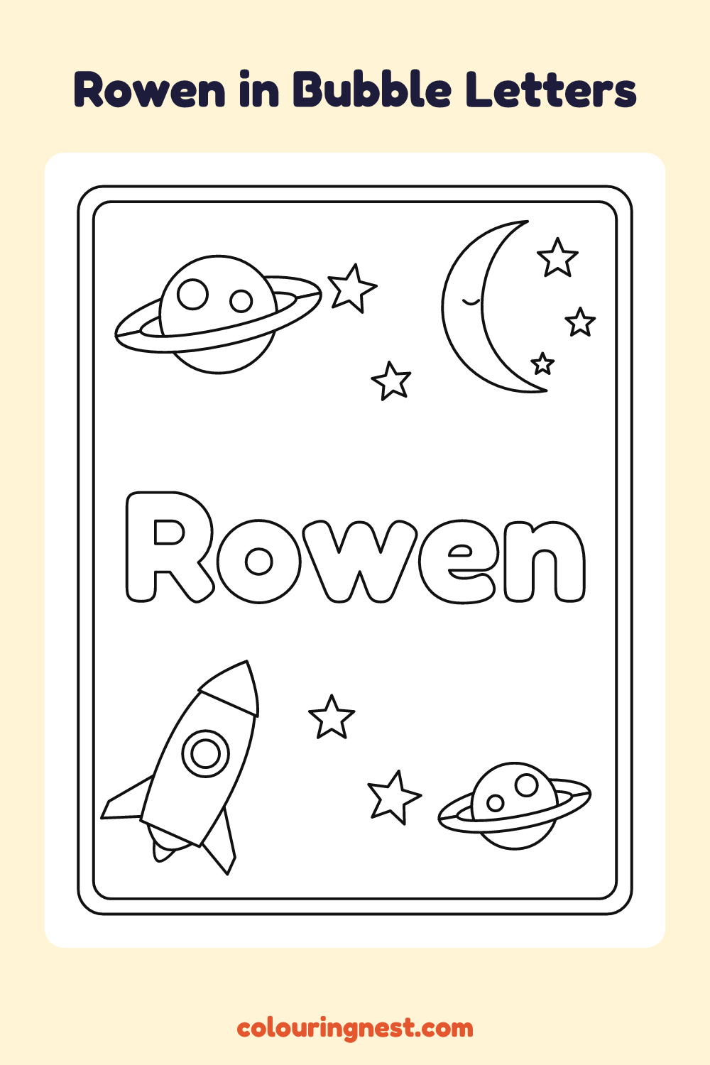 Rowen in Bubble Letters coloring page: free printable black-and-white line art