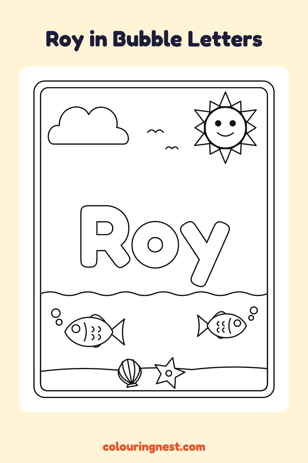 Roy in Bubble Letters coloring page: free printable black-and-white line art