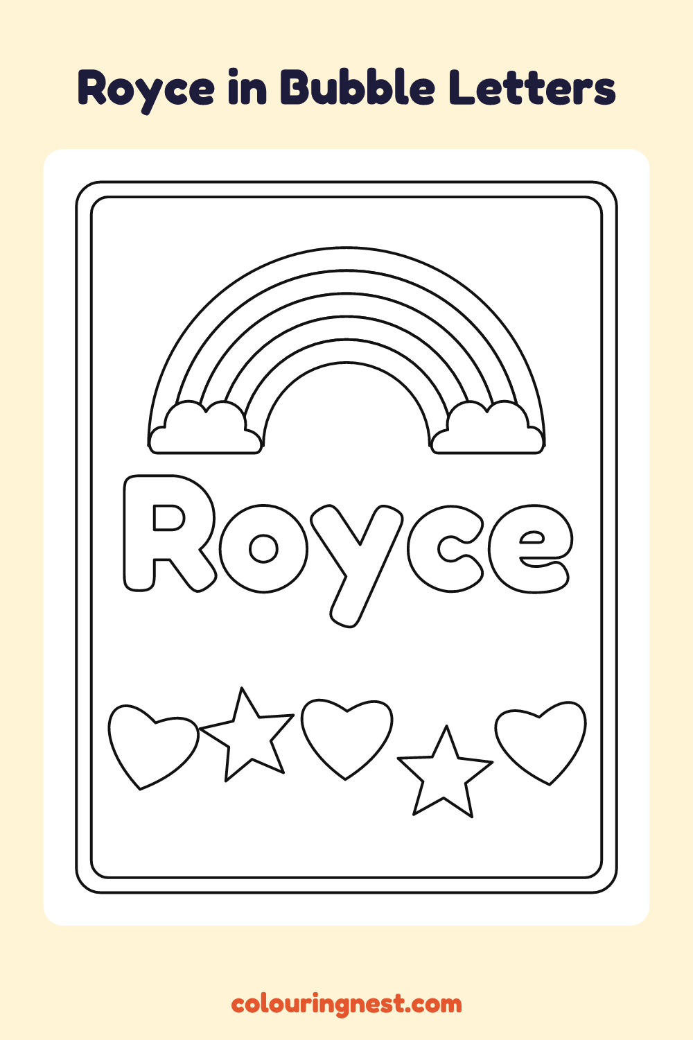 Royce in Bubble Letters coloring page: free printable black-and-white line art