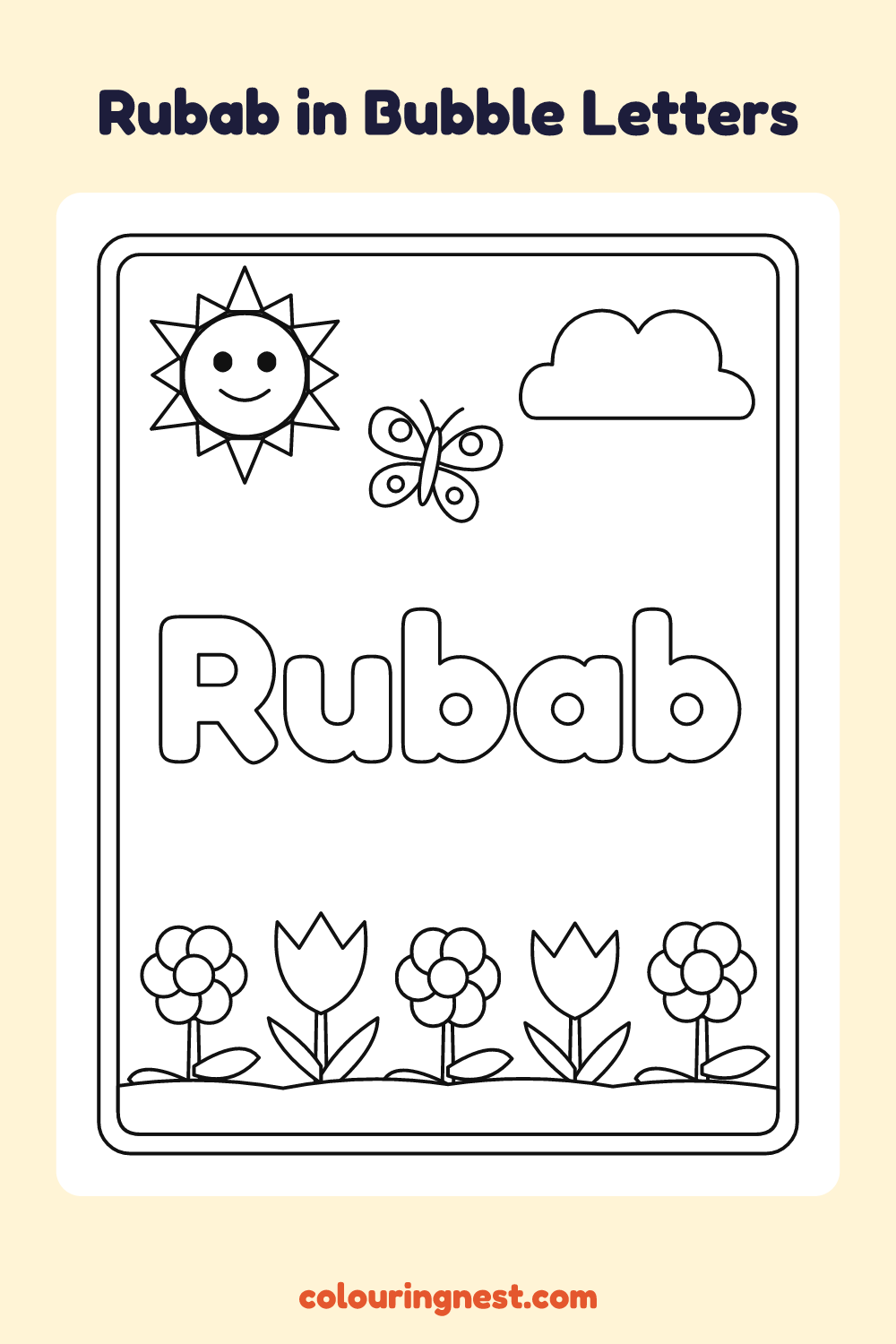 Rubab in Bubble Letters coloring page: free printable black-and-white line art