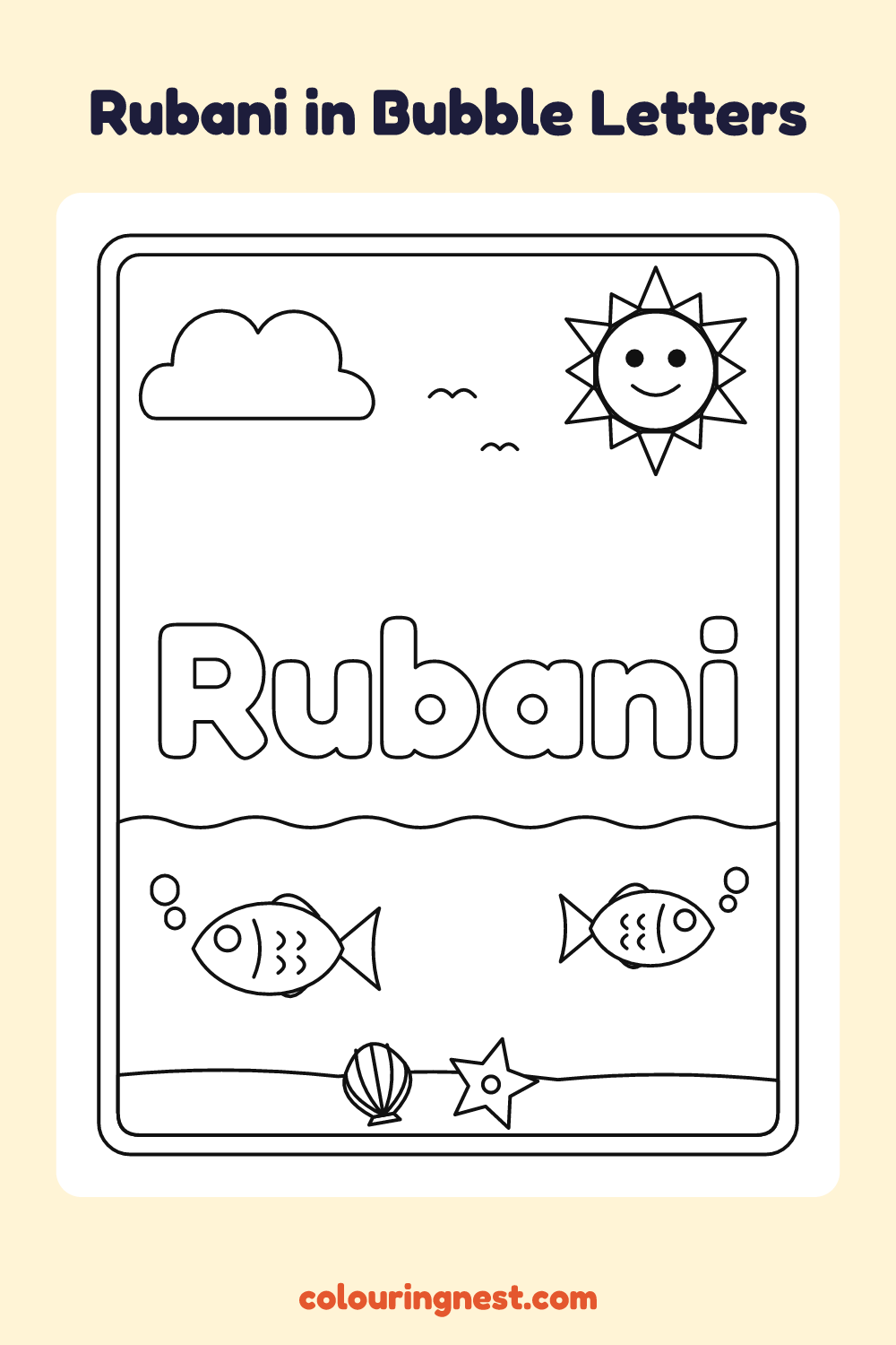 Rubani in Bubble Letters coloring page: free printable black-and-white line art
