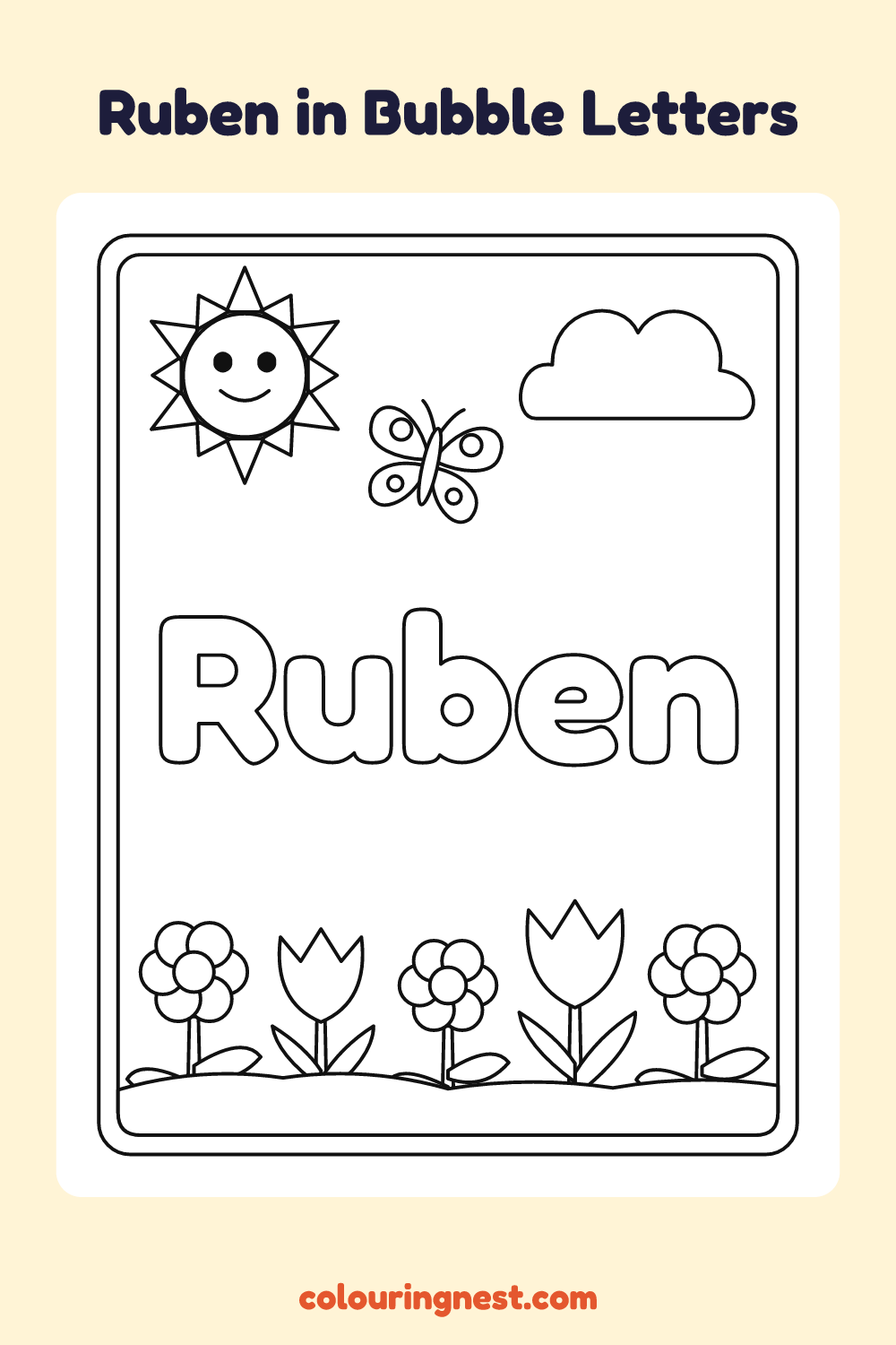 Ruben in Bubble Letters coloring page: free printable black-and-white line art
