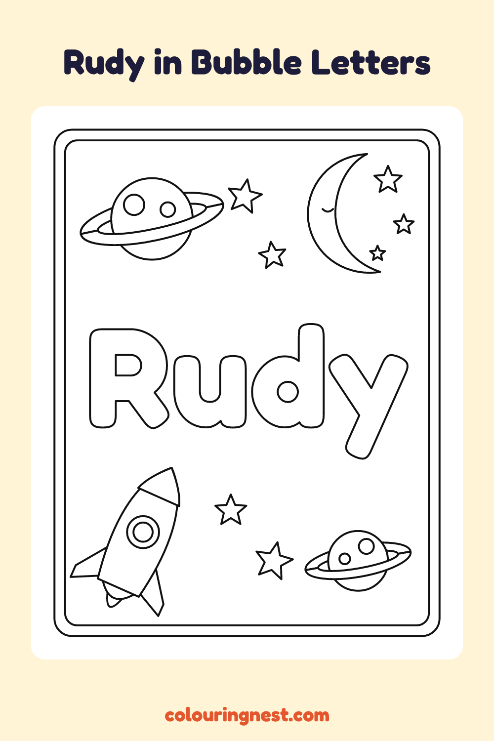 Rudy in Bubble Letters coloring page: free printable black-and-white line art