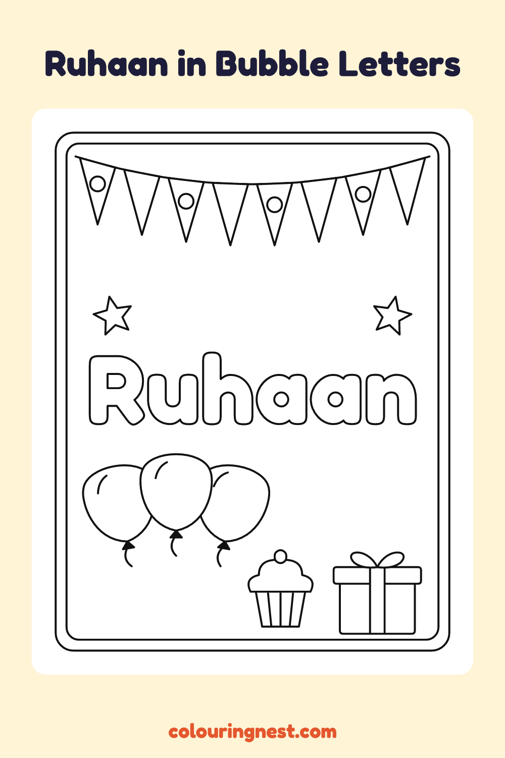 Ruhaan in Bubble Letters coloring page: free printable black-and-white line art