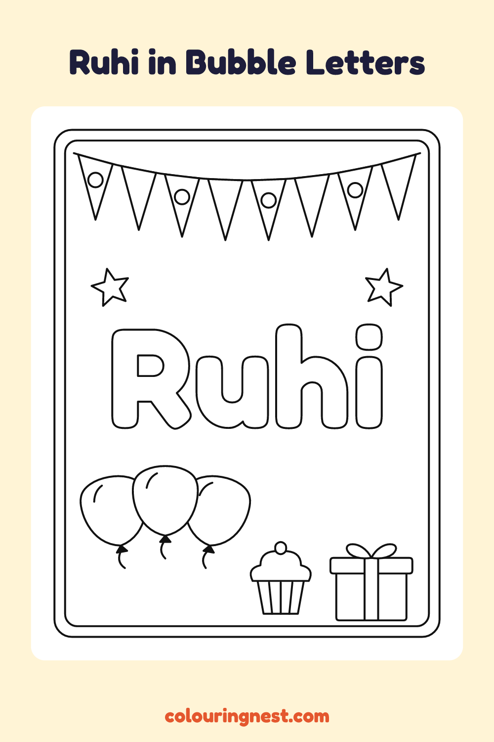 Ruhi in Bubble Letters coloring page: free printable black-and-white line art