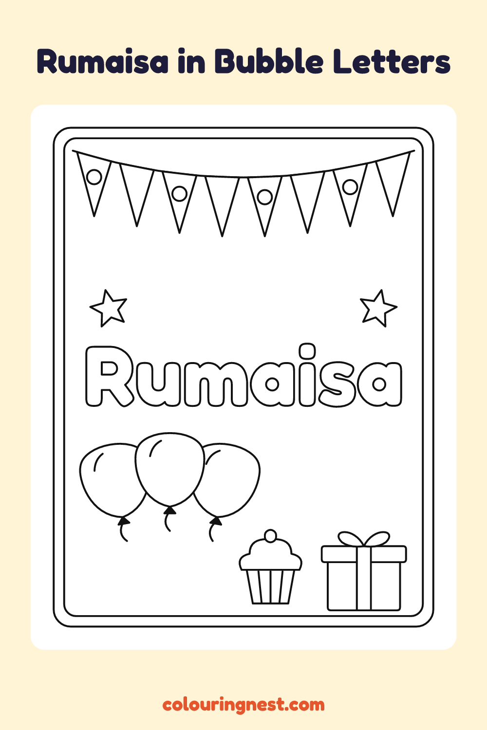 Rumaisa in Bubble Letters coloring page: free printable black-and-white line art
