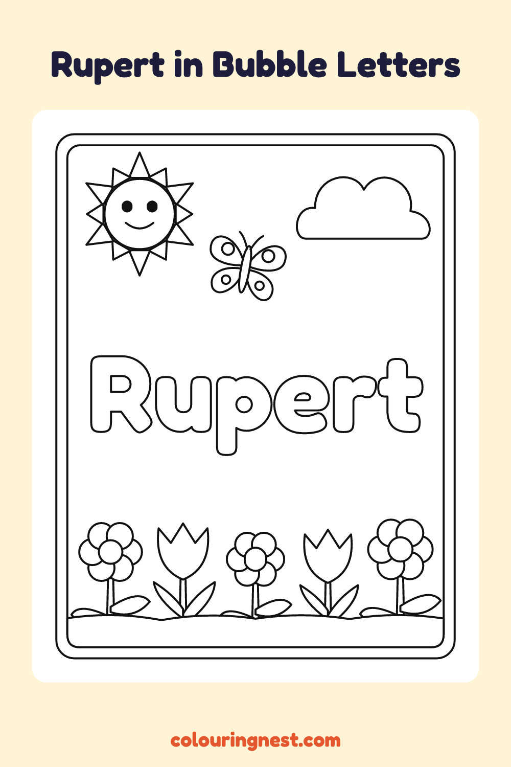 Rupert in Bubble Letters coloring page: free printable black-and-white line art