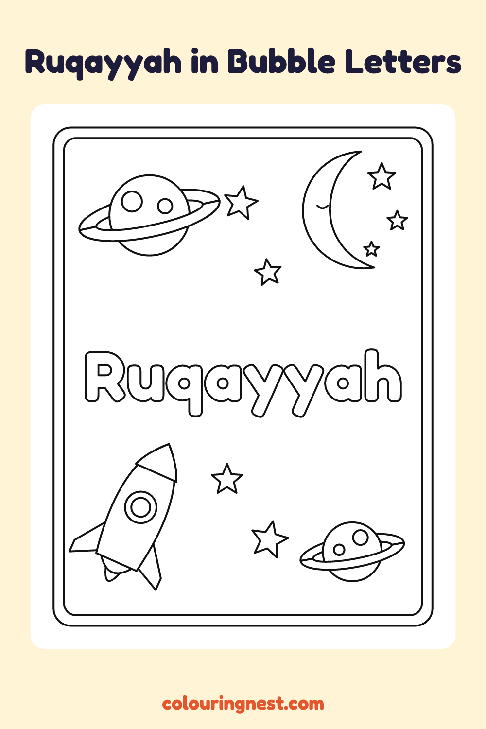 Ruqayyah in Bubble Letters coloring page: free printable black-and-white line art