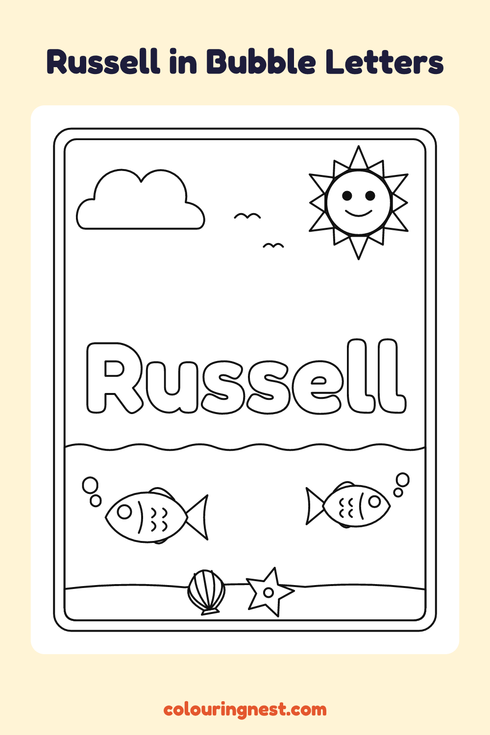 Russell in Bubble Letters coloring page: free printable black-and-white line art