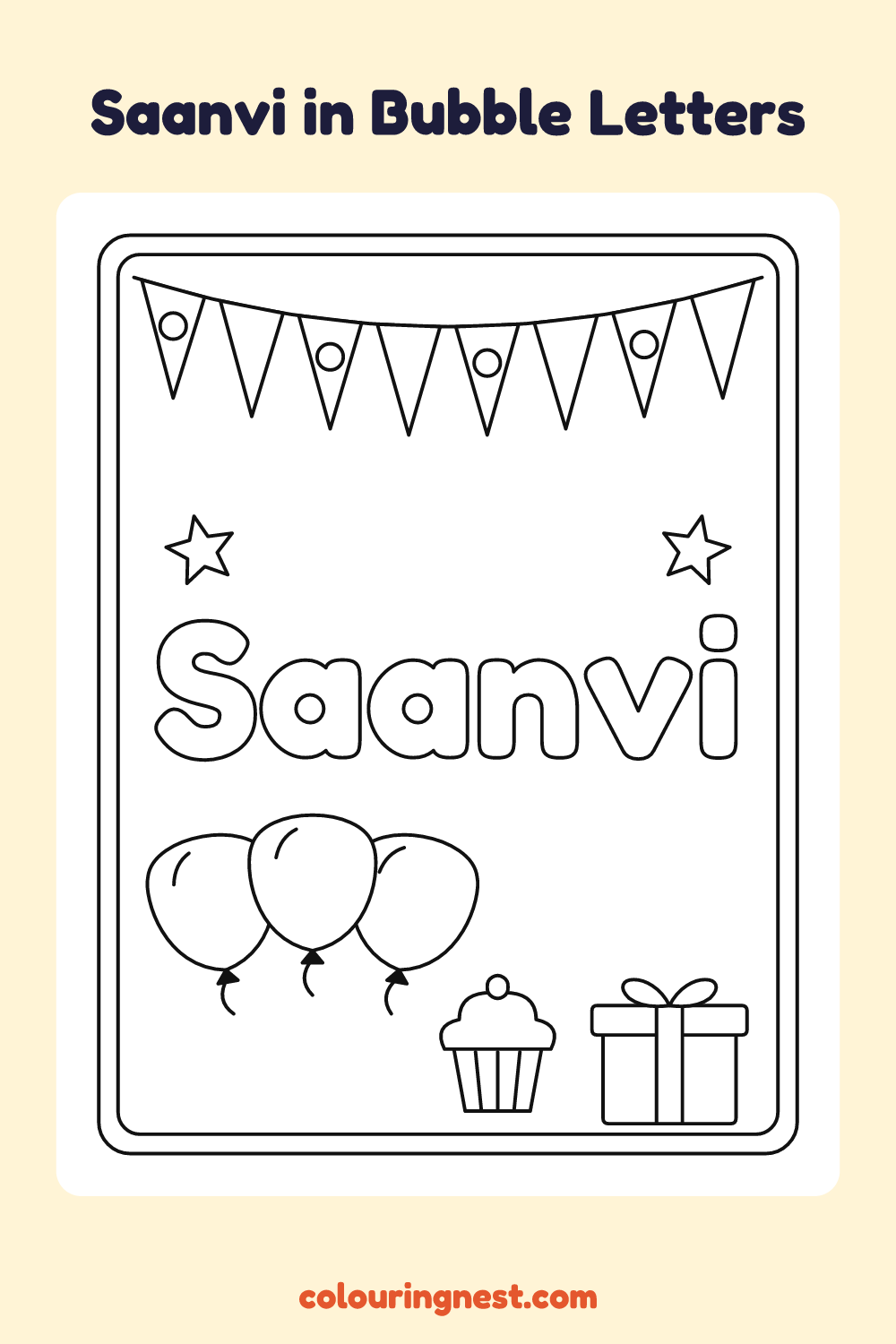Saanvi in Bubble Letters coloring page: free printable black-and-white line art