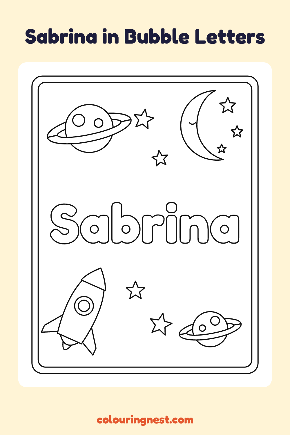 Sabrina in Bubble Letters coloring page: free printable black-and-white line art
