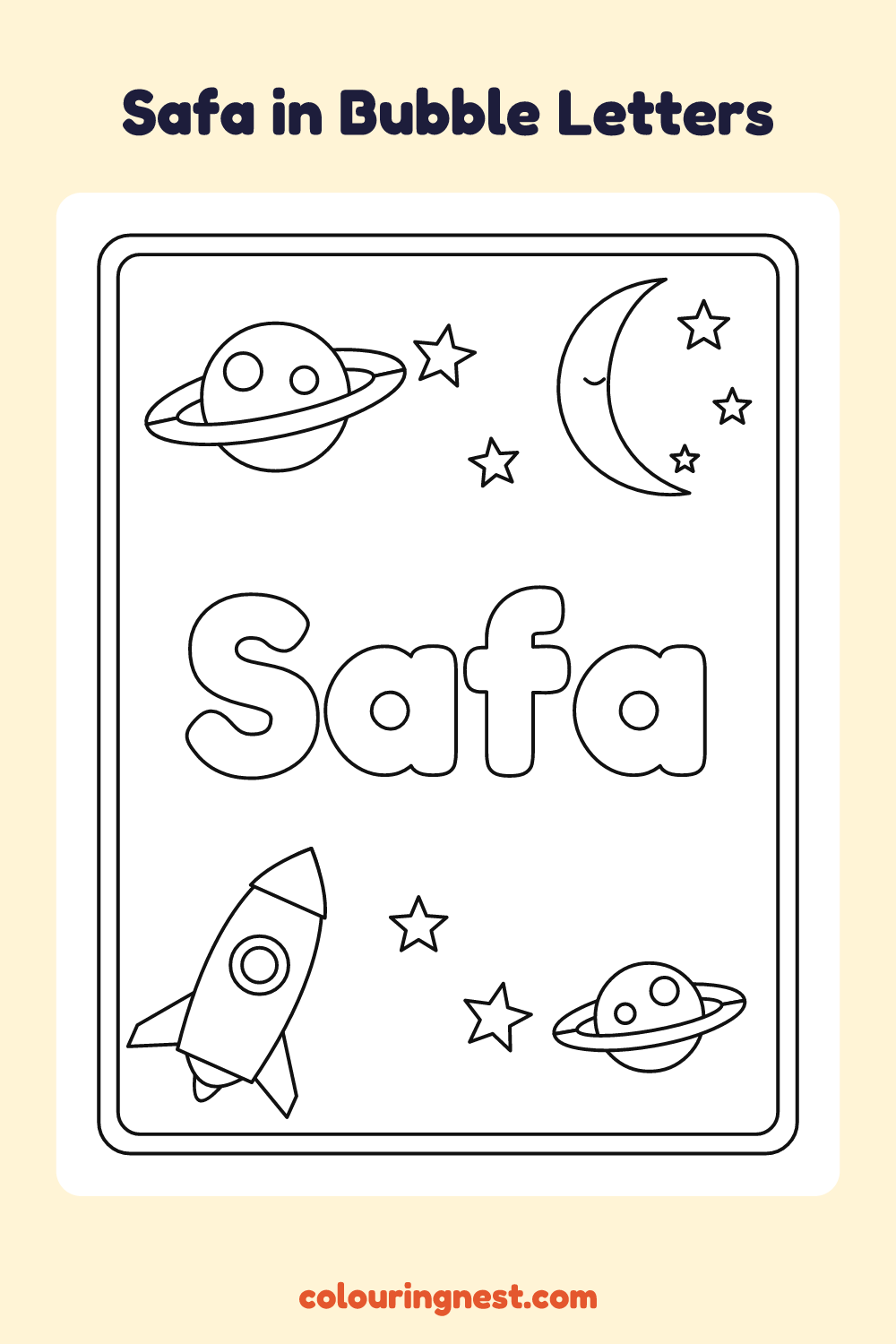 Safa in Bubble Letters coloring page: free printable black-and-white line art