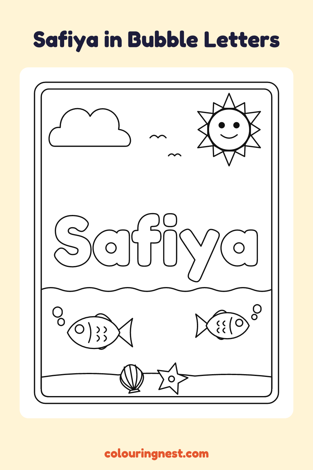 Safiya in Bubble Letters coloring page: free printable black-and-white line art